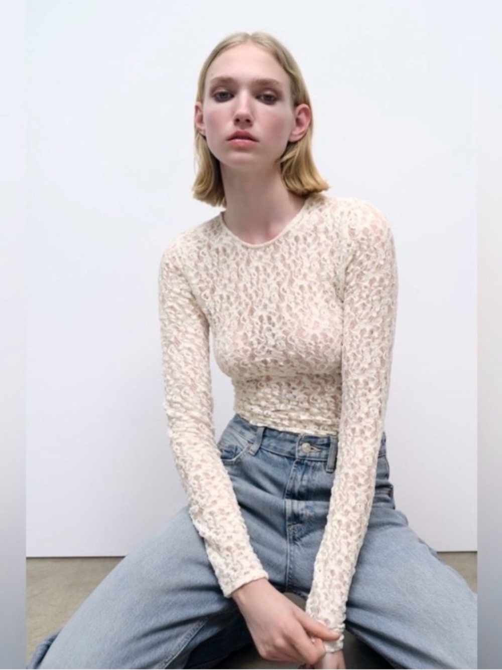 Zara Sheer Fitted Lace Long Sleeve Top Small